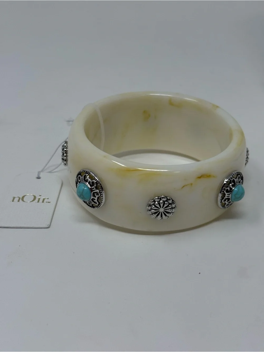 nOir Jewelry White Marble Resin Bangle with Turquoise Accents